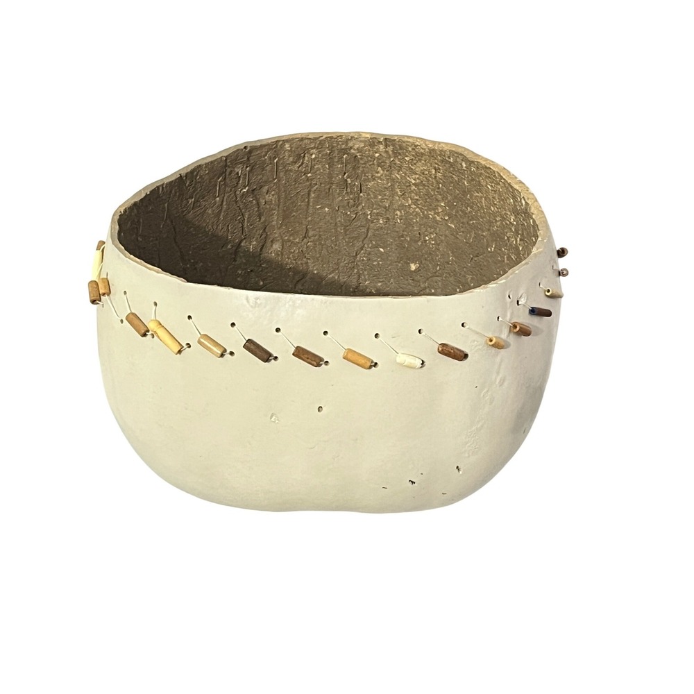 Artisan Gourd Bowl‎ Unisex Large Cream Beaded Rim Handcrafted Folk Art